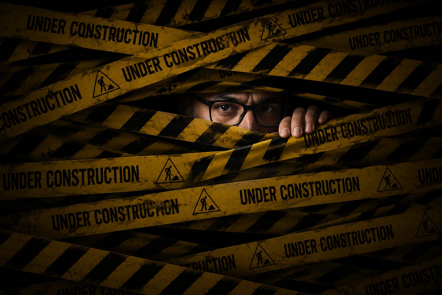 Ein Mann blickt durch einen schmalen Spalt zwischen gelb-schwarzen Absperrbändern mit der Aufschrift „Under Construction“.